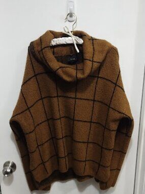 Lumine Cowl Neck Sweater Cozy Brown Windowpane Sweater